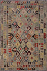 Flat Weave Kilim Antique Navaho Vintage handmade Geometric Kilim Gray Pink Hand-Woven Rectangle 100% Wool Area Rug 6x8