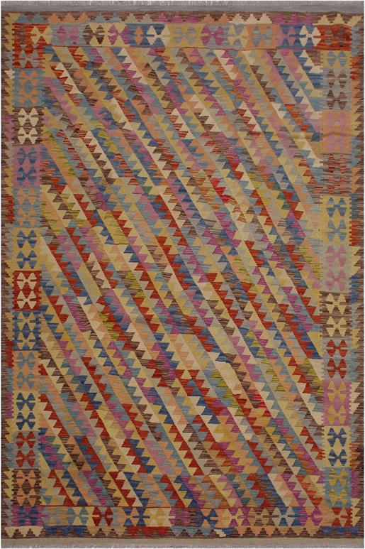 Flat Weave Kilim Antique Navaho Vintage handmade Modern Kilim Brown Blue Hand-Woven Rectangle 100% Wool Area Rug 7x10