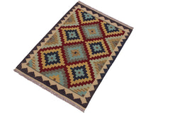 Flat Weave Kilim Antique Navaho Vintage handmade Geometric Kilim Brown Tan Hand-Woven Rectangle 100% Wool Area Rug 3x5