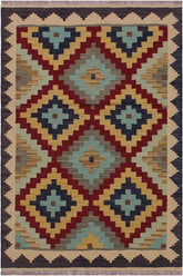 Flat Weave Kilim Antique Navaho Vintage handmade Geometric Kilim Brown Tan Hand-Woven Rectangle 100% Wool Area Rug 3x5