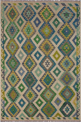 Flat Weave Kilim Antique Navaho Vintage handmade Geometric Kilim Ivory Green Hand-Woven Rectangle 100% Wool Area Rug 5x8
