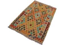 Flat Weave Kilim Antique Navaho Vintage handmade Geometric Kilim Beige Red Hand-Woven Rectangle 100% Wool Area Rug 3x5