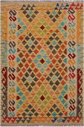 Flat Weave Kilim Antique Navaho Vintage handmade Geometric Kilim Beige Red Hand-Woven Rectangle 100% Wool Area Rug 3x5