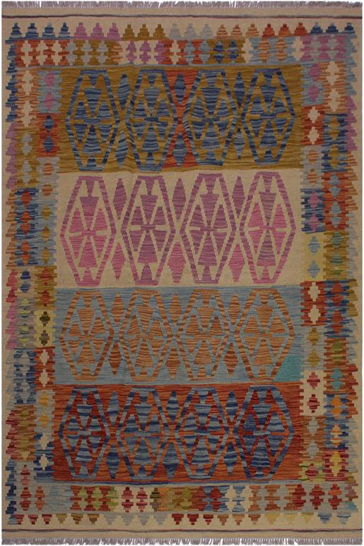 Flat Weave Kilim Antique Navaho Vintage handmade Geometric Kilim Beige Blue Hand-Woven Rectangle 100% Wool Area Rug 5x7