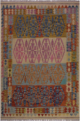 Flat Weave Kilim Antique Navaho Vintage handmade Geometric Kilim Beige Blue Hand-Woven Rectangle 100% Wool Area Rug 5x7