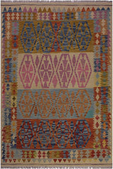 Flat Weave Kilim Antique Navaho Vintage handmade Geometric Kilim Beige Blue Hand-Woven Rectangle 100% Wool Area Rug 5x7