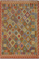 Flat Weave Kilim Antique Navaho Vintage handmade Geometric Kilim Rust Gold Hand-Woven Rectangle 100% Wool Area Rug 6x8