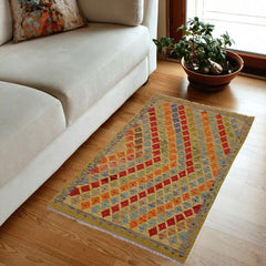 Flat Weave Kilim Antique Navaho Vintage handmade Modern Kilim Gold Gray Hand-Woven Rectangle 100% Wool Area Rug 3x5