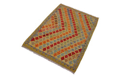 Flat Weave Kilim Antique Navaho Vintage handmade Modern Kilim Gold Gray Hand-Woven Rectangle 100% Wool Area Rug 3x5