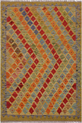 Flat Weave Kilim Antique Navaho Vintage handmade Modern Kilim Gold Gray Hand-Woven Rectangle 100% Wool Area Rug 3x5