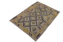 Flat Weave Kilim Antique Navaho Vintage handmade Geometric Kilim Gray Gold Hand-Woven Rectangle 100% Wool Area Rug 6x8