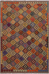 Flat Weave Kilim Antique Navaho Vintage handmade Geometric Kilim Brown Tan Hand-Woven Rectangle 100% Wool Area Rug 5x6