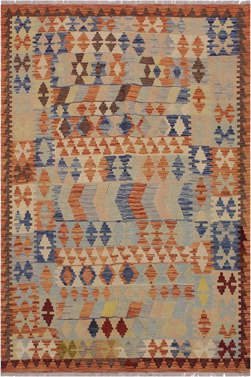 Flat Weave Kilim Antique Navaho Vintage handmade Geometric Kilim Rust Tan Hand-Woven Rectangle 100% Wool Area Rug 5x7