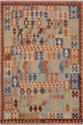 Flat Weave Kilim Antique Navaho Vintage handmade Geometric Kilim Rust Tan Hand-Woven Rectangle 100% Wool Area Rug 5x7