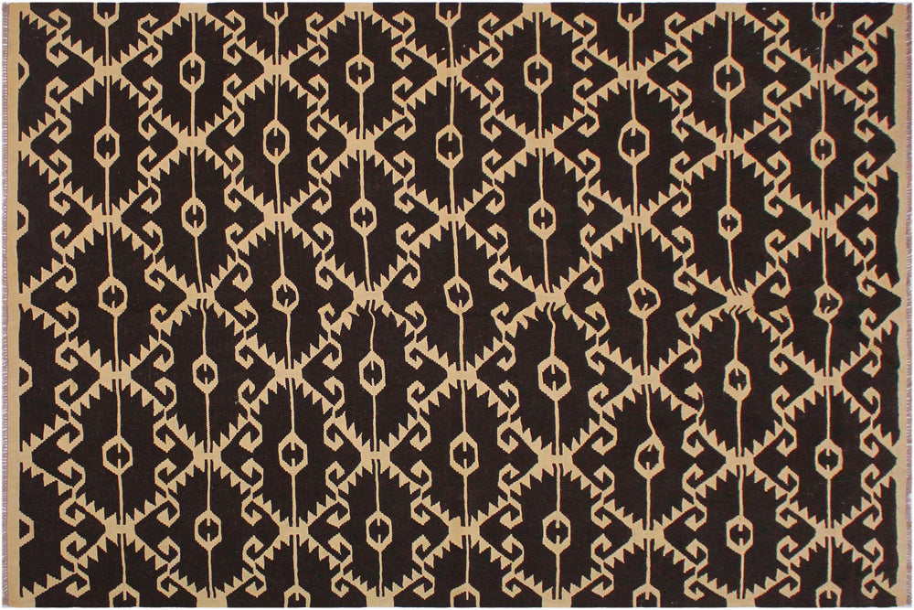 handmade Modern Kilim Brown Black Hand-Woven RECTANGLE 100% WOOL area rug 7' x 10'