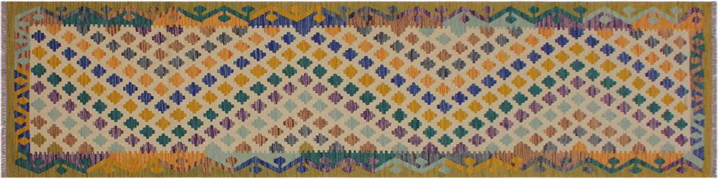 Flat Weave Kilim Antique Navaho Vintage handmade Modern Kilim Ivory Blue Hand-Woven Runner 100% Wool Area Rug 3x10