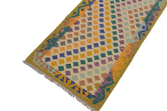 Flat Weave Kilim Antique Navaho Vintage handmade Modern Kilim Ivory Blue Hand-Woven Runner 100% Wool Area Rug 3x10