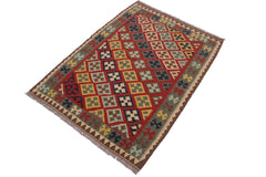 Flat Weave Kilim Antique Navaho Vintage handmade Geometric Kilim Red Brown Hand-Woven Rectangle 100% Wool Area Rug 4x5