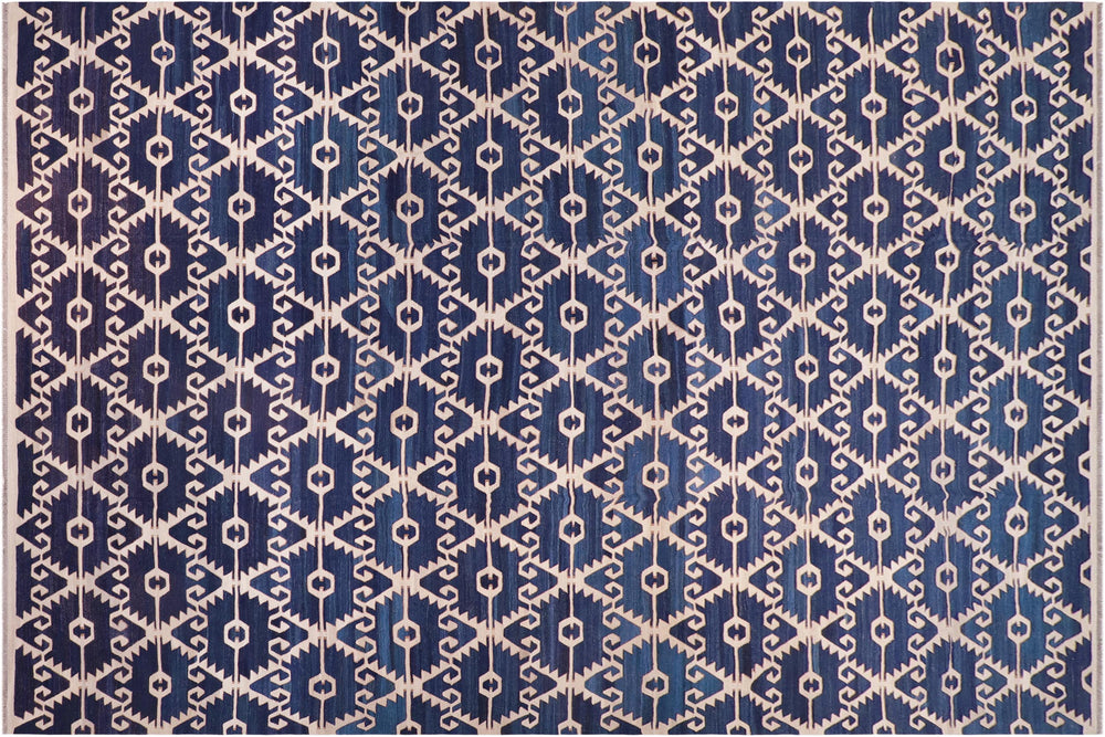 handmade Modern Kilim Blue Ivory Hand-Woven RECTANGLE 100% WOOL area rug 12' x 17'