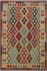 Flat Weave Kilim Antique Navaho Vintage handmade Geometric Kilim Beige Brown Hand-Woven Rectangle 100% Wool Area Rug 5x7