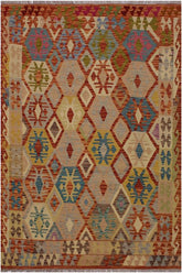 Flat Weave Kilim Antique Navaho Vintage handmade Geometric Kilim Beige Rust Hand-Woven Rectangle 100% Wool Area Rug 5x7