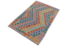 Flat Weave Kilim Antique Navaho Vintage handmade Modern Kilim Blue Gray Hand-Woven Rectangle 100% Wool Area Rug 3x5