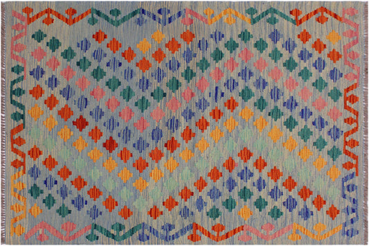 handmade Modern Kilim Blue Gray Hand-Woven RECTANGLE 100% WOOL area rug 3x5