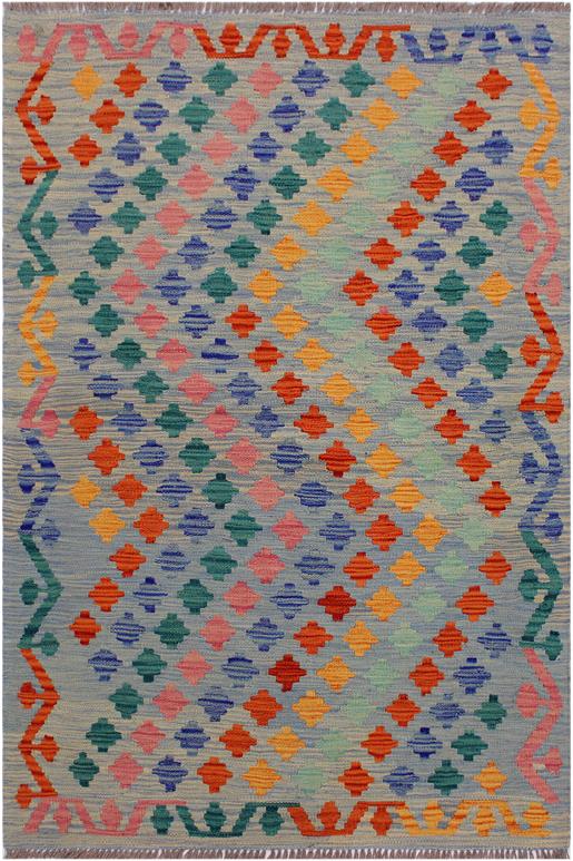 Flat Weave Kilim Antique Navaho Vintage handmade Modern Kilim Blue Gray Hand-Woven Rectangle 100% Wool Area Rug 3x5