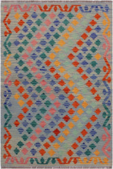 Flat Weave Kilim Antique Navaho Vintage handmade Modern Kilim Blue Gray Hand-Woven Rectangle 100% Wool Area Rug 3x5