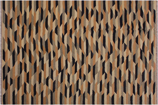 handmade Modern Kilim Tan Black Hand-Woven RECTANGLE 100% WOOL area rug 6x8