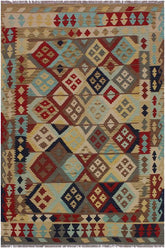 Flat Weave Kilim Antique Navaho Vintage handmade Geometric Kilim Beige Red Hand-Woven Rectangle 100% Wool Area Rug 5x7