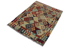 Flat Weave Kilim Antique Navaho Vintage handmade Geometric Kilim Beige Red Hand-Woven Rectangle 100% Wool Area Rug 5x7