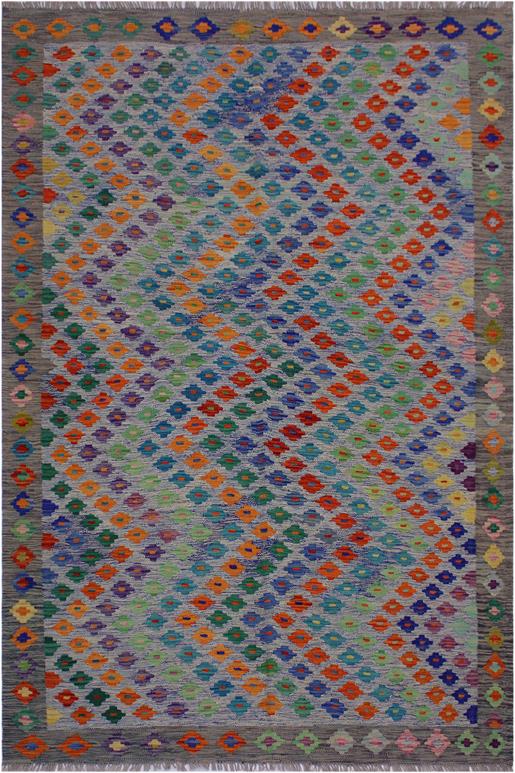 Flat Weave Kilim Antique Navaho Vintage handmade Modern Kilim Blue Gray Hand-Woven Rectangle 100% Wool Area Rug 6x8