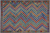 handmade Modern Kilim Blue Gray Hand-Woven RECTANGLE 100% WOOL area rug 6x8