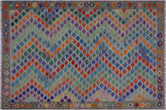 handmade Modern Kilim Blue Gray Hand-Woven RECTANGLE 100% WOOL area rug 6x8