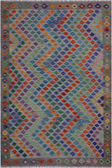 Flat Weave Kilim Antique Navaho Vintage handmade Modern Kilim Blue Gray Hand-Woven Rectangle 100% Wool Area Rug 6x8