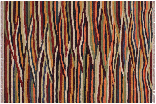 handmade Modern Kilim Tan Blue Hand-Woven RECTANGLE 100% WOOL area rug 3x4