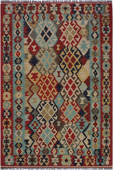 Flat Weave Kilim Antique Navaho Vintage handmade Geometric Kilim Beige Red Hand-Woven Rectangle 100% Wool Area Rug 5x7