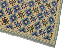 Flat Weave Kilim Antique Navaho Vintage handmade Modern Kilim Beige Blue Hand-Woven Rectangle 100% Wool Area Rug 7x10
