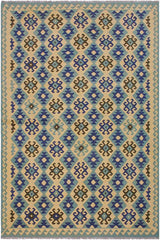 Flat Weave Kilim Antique Navaho Vintage handmade Modern Kilim Beige Blue Hand-Woven Rectangle 100% Wool Area Rug 7x10