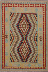 Flat Weave Kilim Antique Navaho Vintage handmade Geometric Kilim Tan Blue Hand-Woven Rectangle 100% Wool Area Rug 4x6