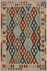 Flat Weave Kilim Antique Navaho Vintage handmade Geometric Kilim Ivory Brown Hand-Woven Rectangle 100% Wool Area Rug 5x7