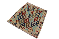 Flat Weave Kilim Antique Navaho Vintage handmade Geometric Kilim Ivory Brown Hand-Woven Rectangle 100% Wool Area Rug 5x7