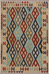 Flat Weave Kilim Antique Navaho Vintage handmade Geometric Kilim Ivory Brown Hand-Woven Rectangle 100% Wool Area Rug 5x7