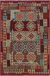 Flat Weave Kilim Antique Navaho Vintage handmade Geometric Kilim Red Tan Hand-Woven Rectangle 100% Wool Area Rug 5x7