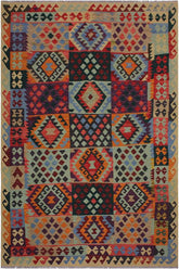 Flat Weave Kilim Antique Navaho Vintage handmade Geometric Kilim Beige Blue Hand-Woven Rectangle 100% Wool Area Rug 6x8