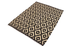 Flat Weave Kilim Antique Navaho Vintage handmade Modern Kilim Black Ivory Hand-Woven Rectangle 100% Wool Area Rug 6x8