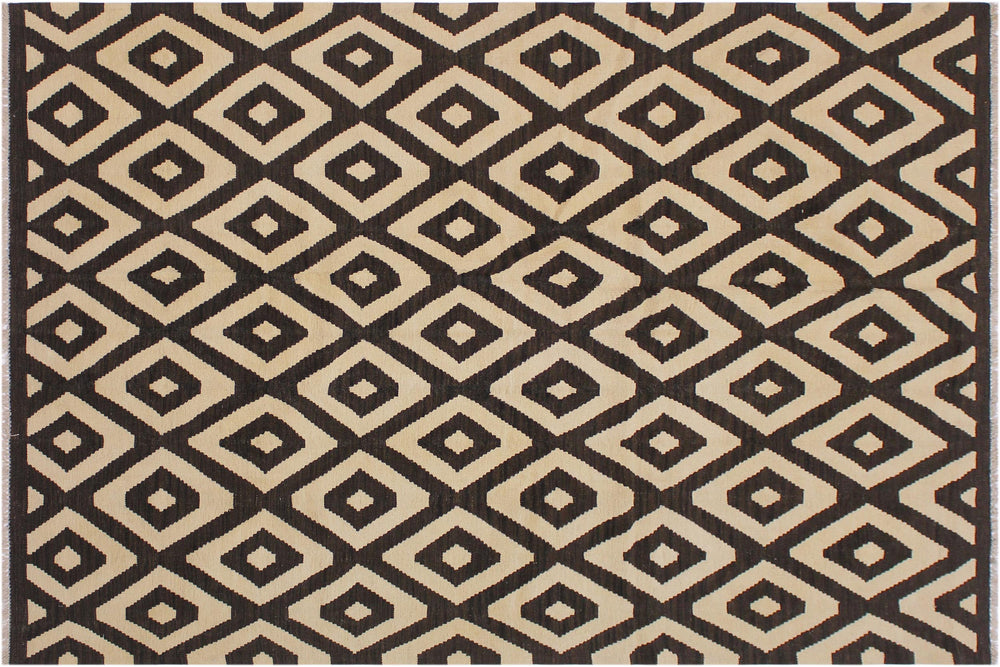 handmade Modern Kilim Black Ivory Hand-Woven RECTANGLE 100% WOOL area rug 6' x 8'