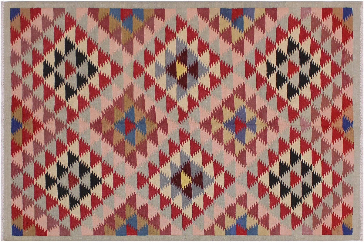 5x6 hand woven Turkish Modern Kilim wool rug in gray and pink - Turkish Chevron Carmina
