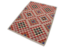 Flat Weave Kilim Antique Navaho Vintage handmade Modern Kilim Gray Pink Hand-Woven Rectangle 100% Wool Area Rug 5x6